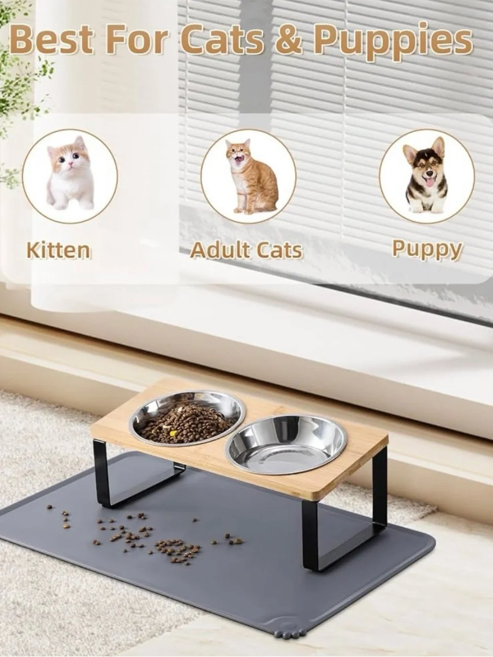 Elevated bamboo cat bowls w/food mat anti vomiting raised cat dishes